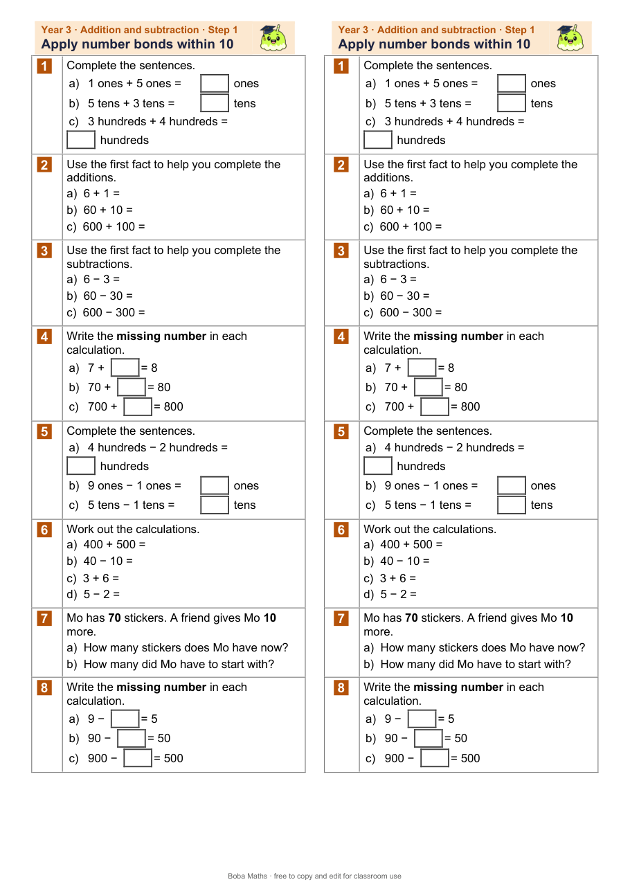 First page of the not scaffolded Apply number bonds within 10 sheet, printed twice side by side