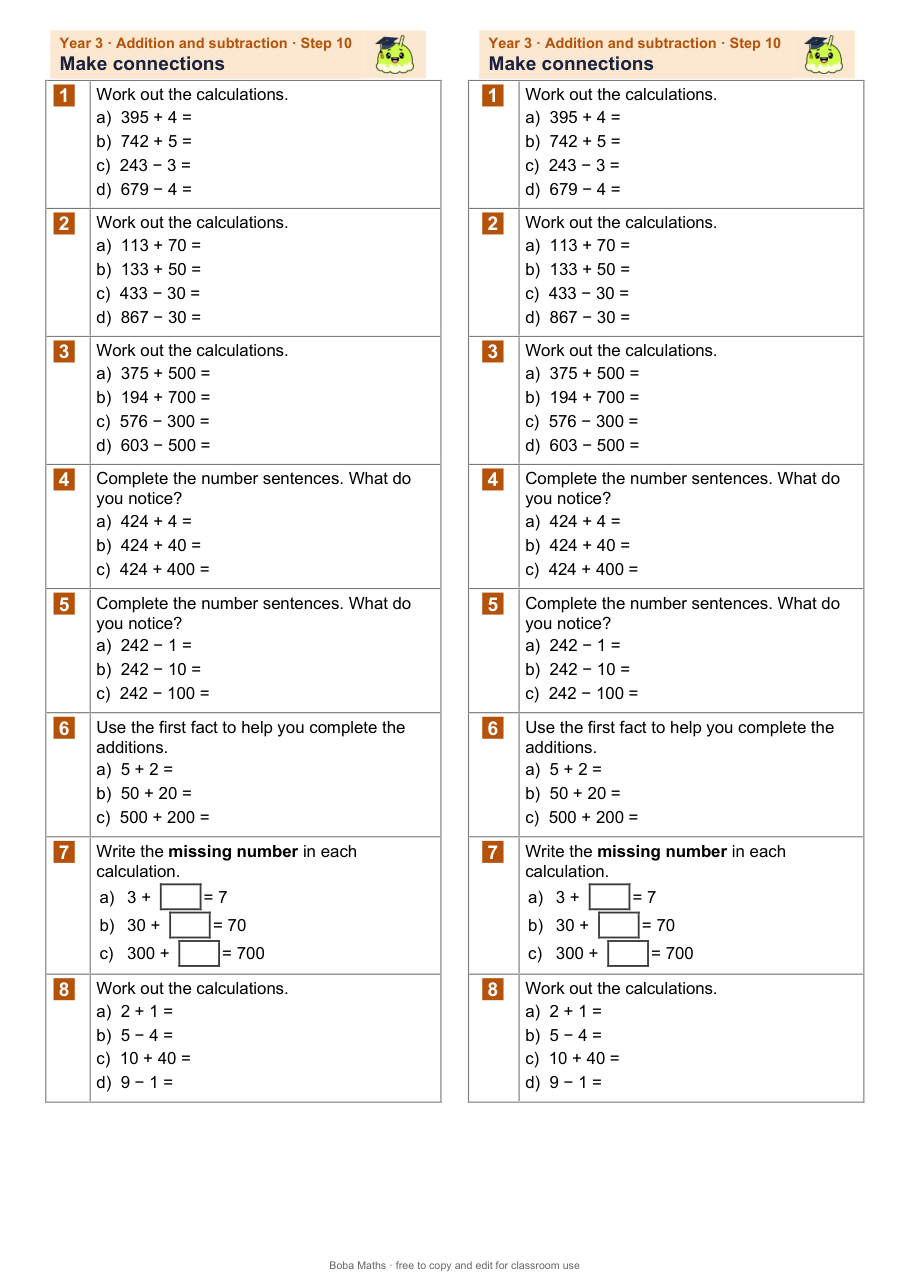 First page of the not scaffolded Make connections sheet, printed twice side by side