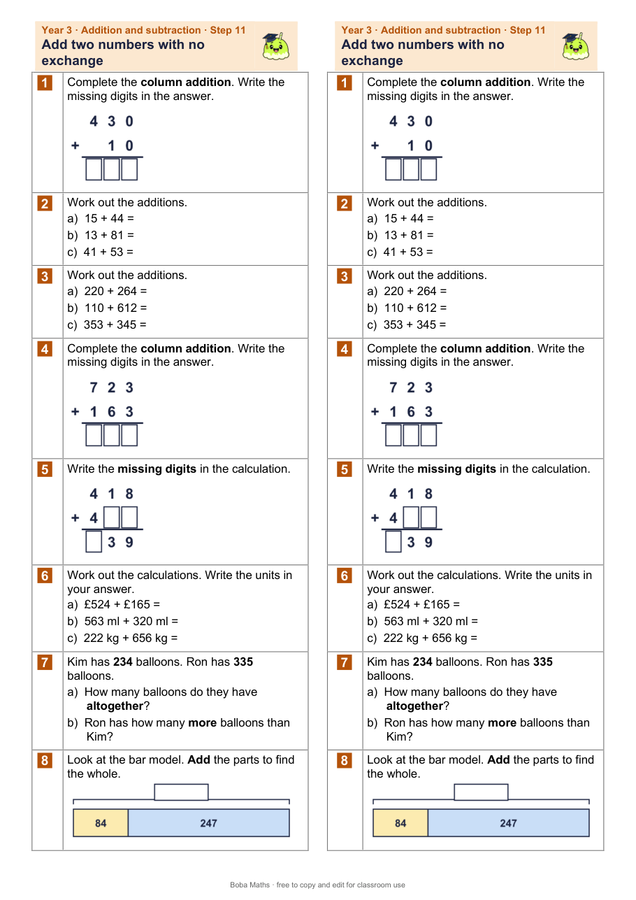 First page of the not scaffolded Add two numbers with no exchange sheet, printed twice side by side