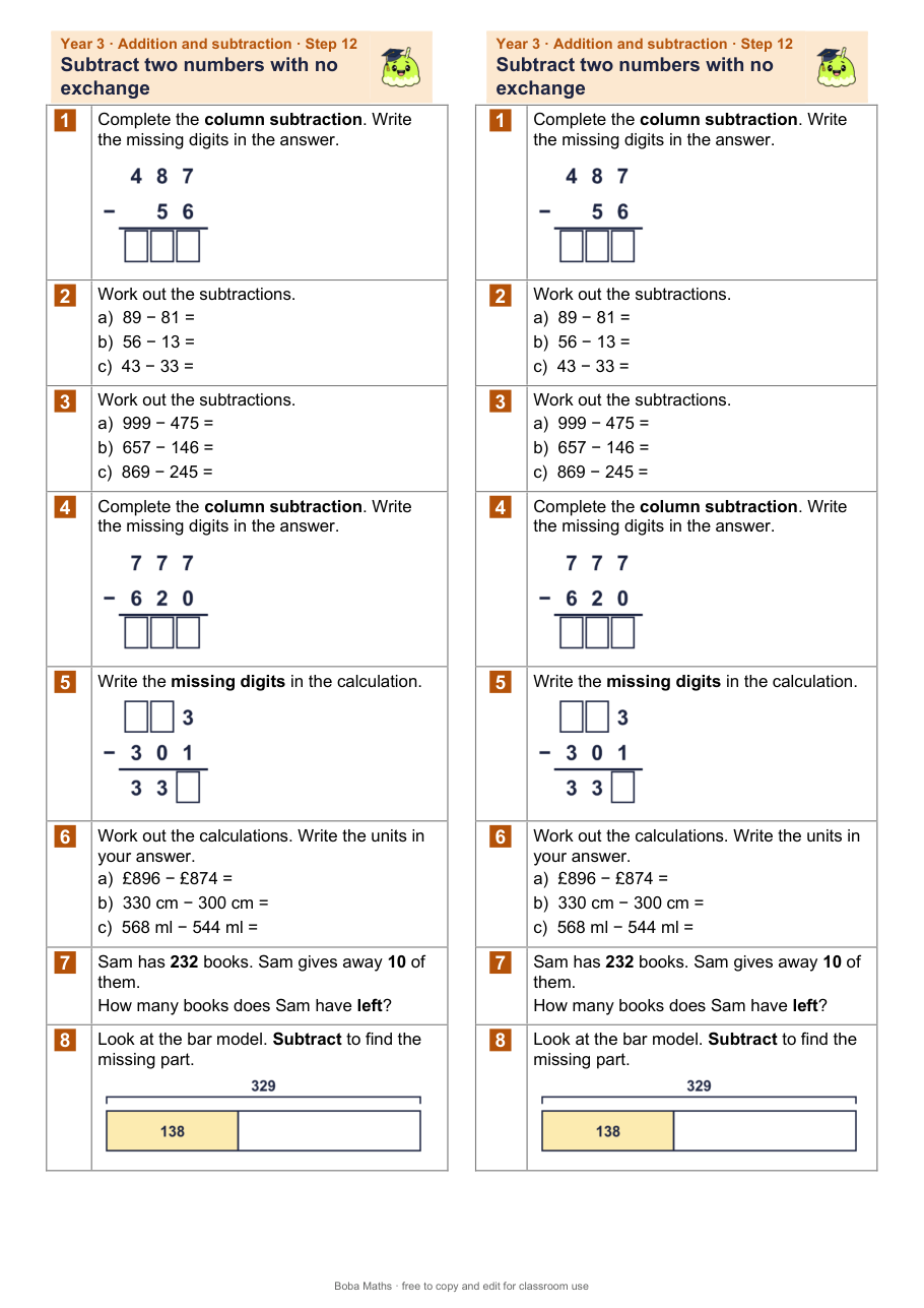 First page of the not scaffolded Subtract two numbers with no exchange sheet, printed twice side by side