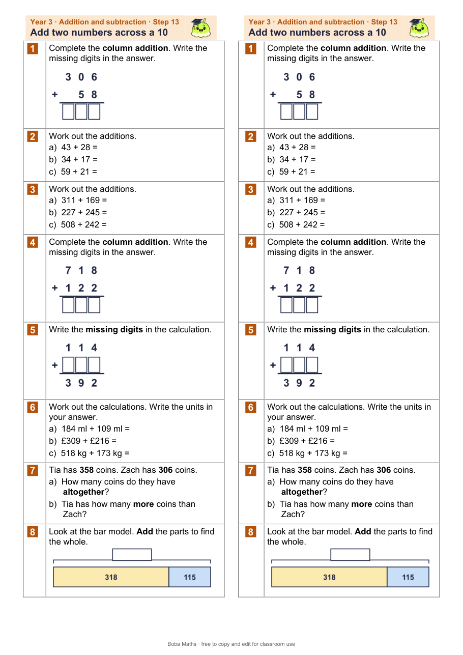First page of the not scaffolded Add two numbers across a 10 sheet, printed twice side by side