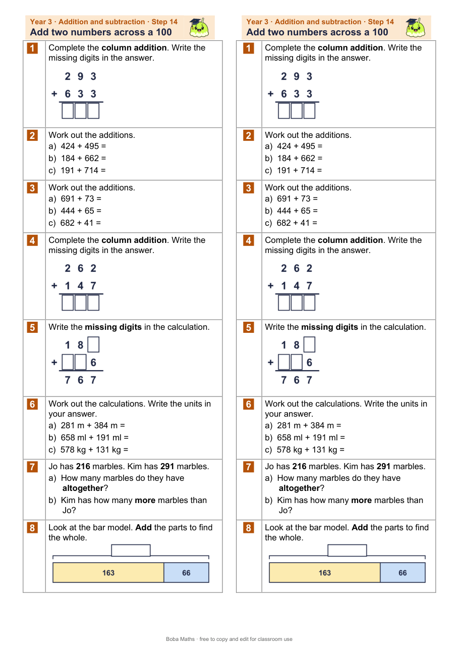 First page of the not scaffolded Add two numbers across a 100 sheet, printed twice side by side