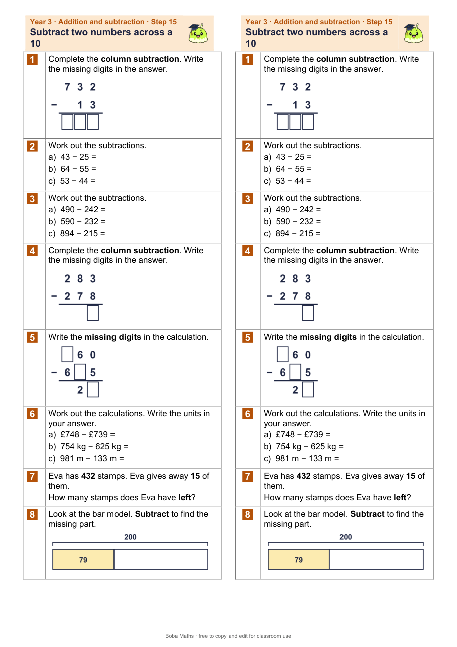 First page of the not scaffolded Subtract two numbers across a 10 sheet, printed twice side by side