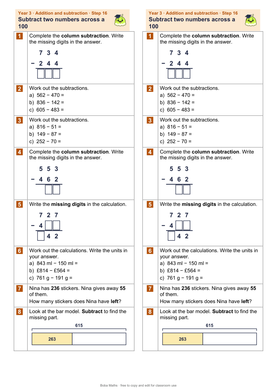First page of the not scaffolded Subtract two numbers across a 100 sheet, printed twice side by side