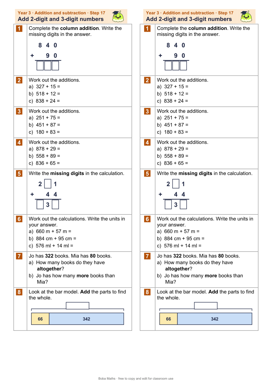 First page of the not scaffolded Add 2-digit and 3-digit numbers sheet, printed twice side by side