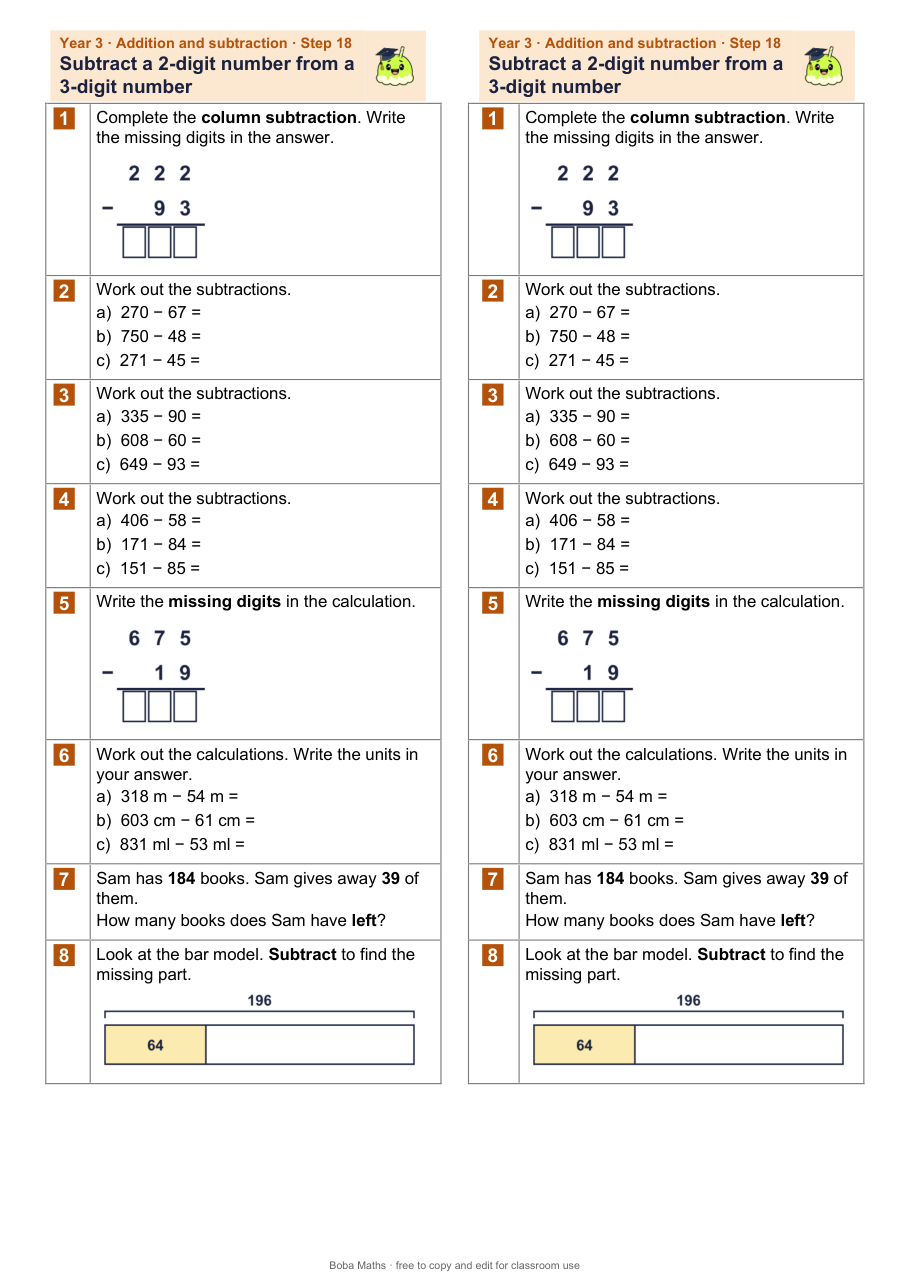 First page of the not scaffolded Subtract a 2-digit number from a 3-digit number sheet, printed twice side by side