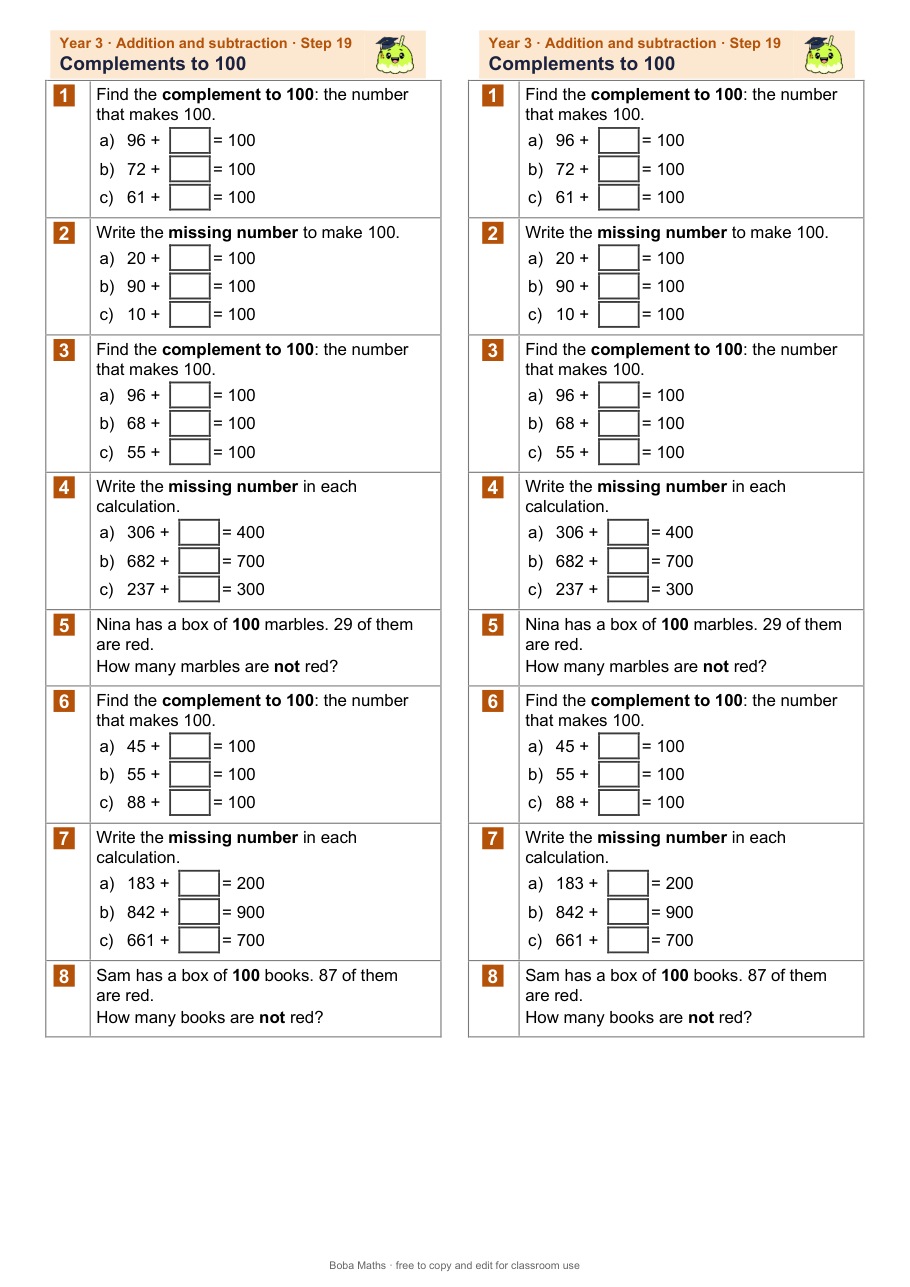 First page of the not scaffolded Complements to 100 sheet, printed twice side by side