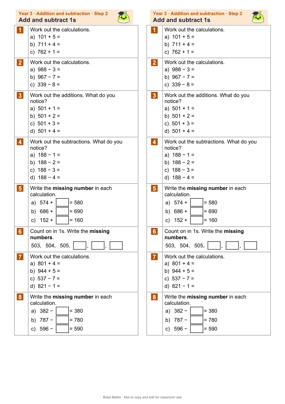First page of the not scaffolded Add and subtract 1s sheet, printed twice side by side