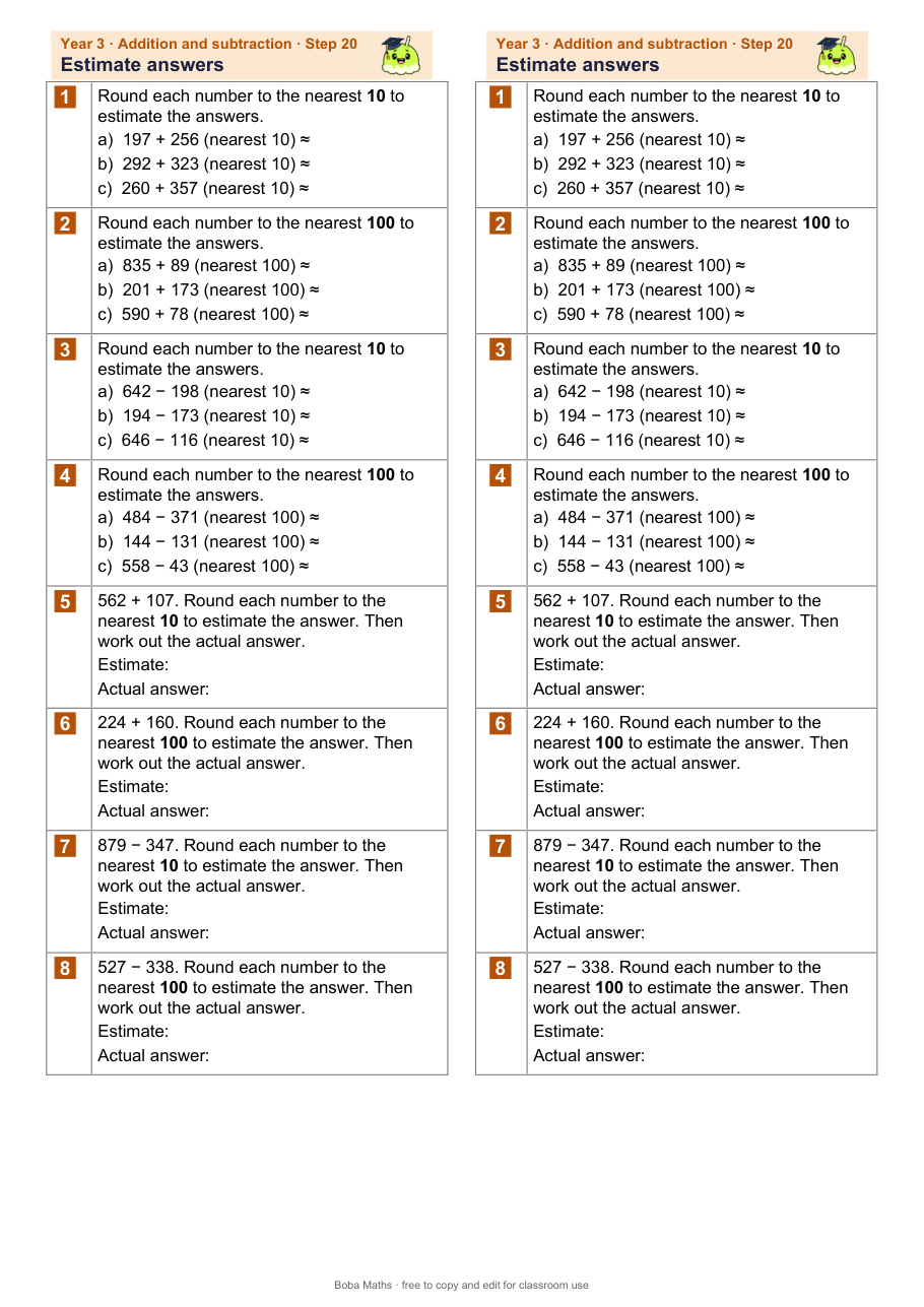 First page of the not scaffolded Estimate answers sheet, printed twice side by side