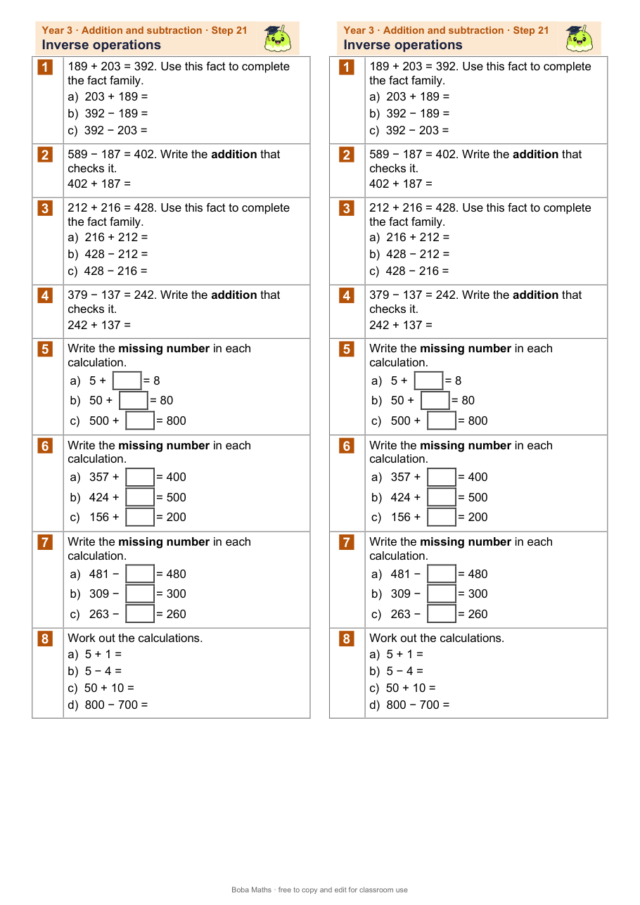 First page of the not scaffolded Inverse operations sheet, printed twice side by side