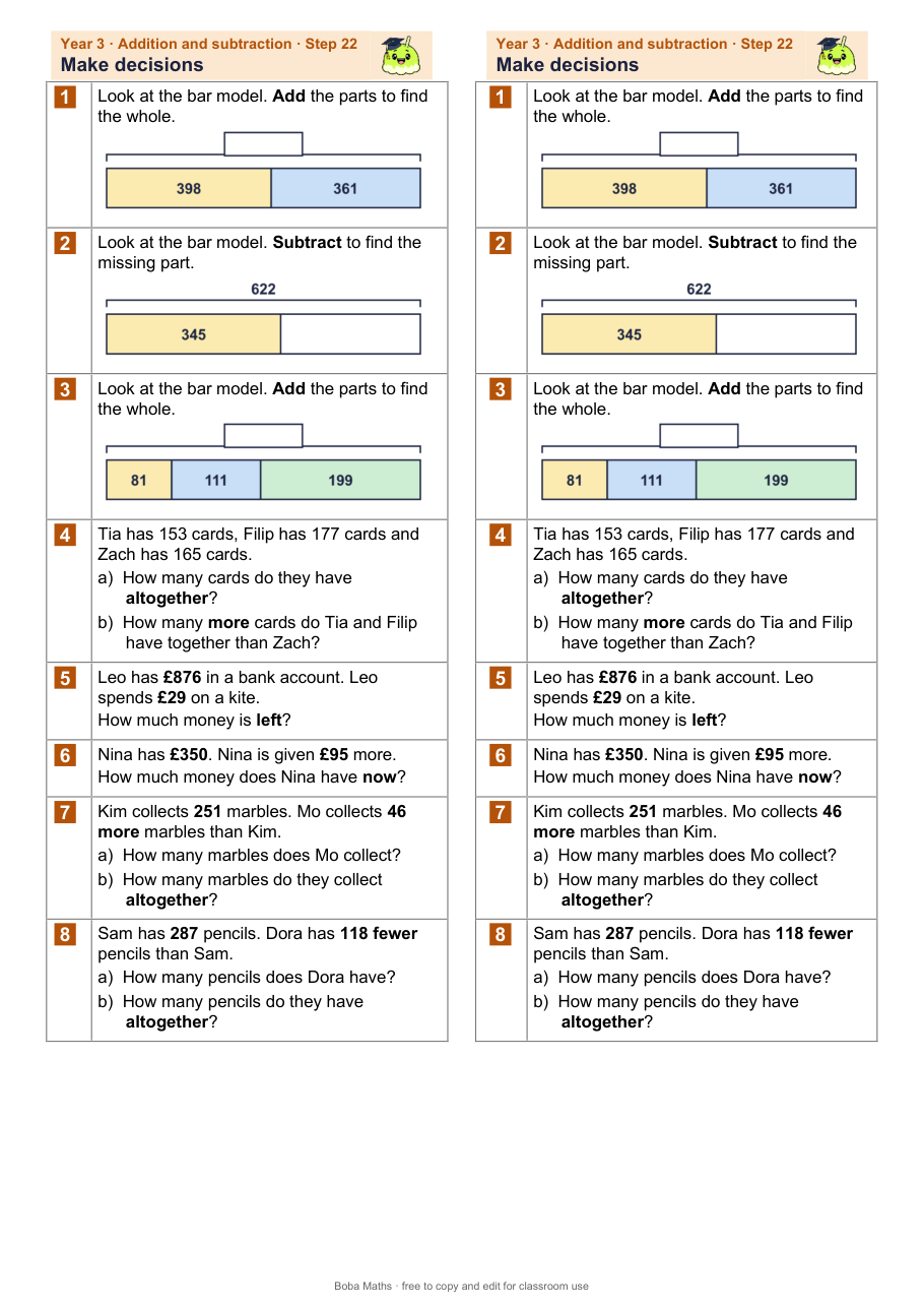 First page of the not scaffolded Make decisions sheet, printed twice side by side
