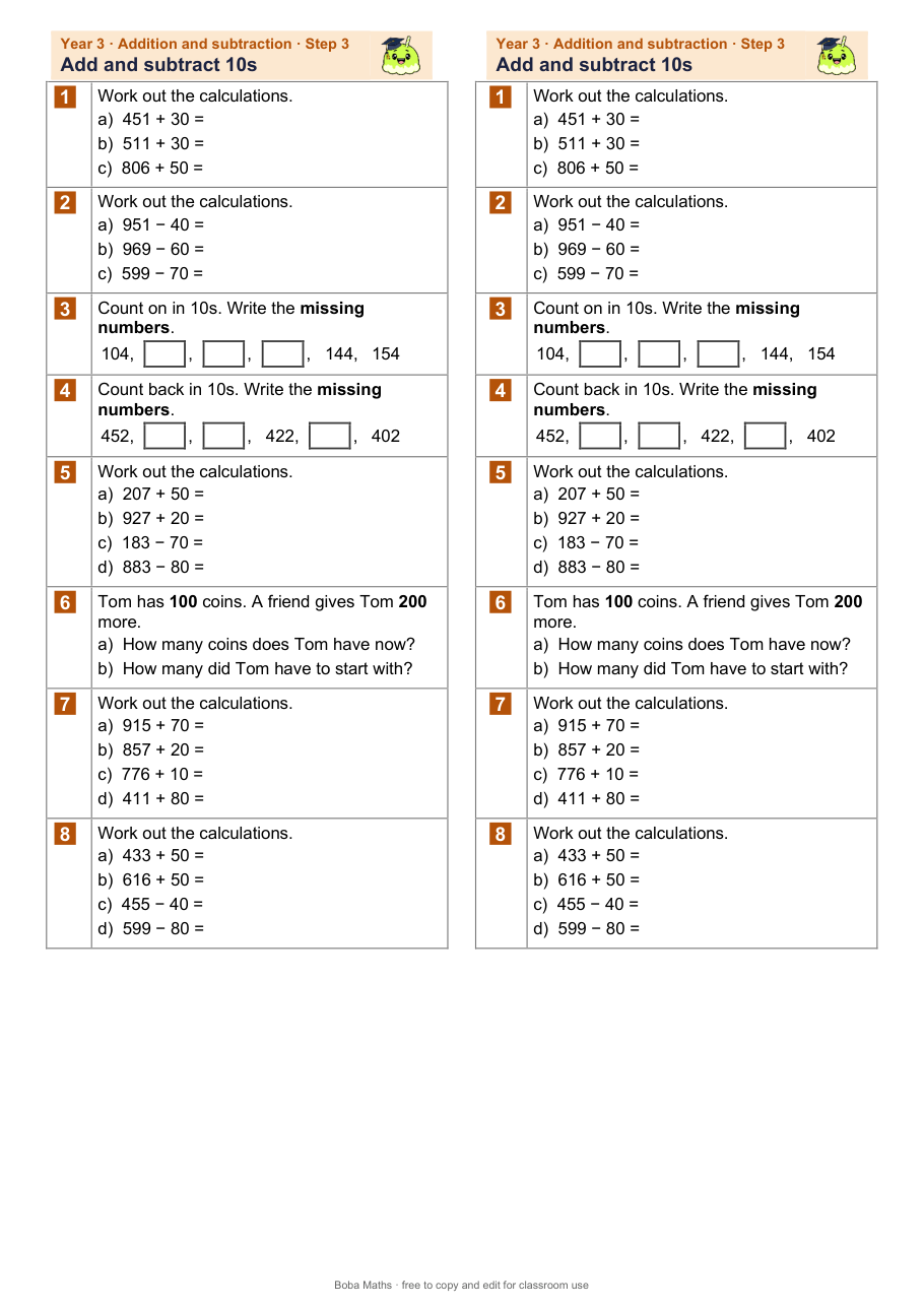 First page of the not scaffolded Add and subtract 10s sheet, printed twice side by side