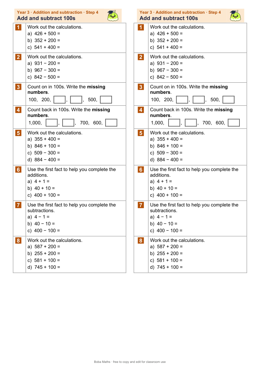 First page of the not scaffolded Add and subtract 100s sheet, printed twice side by side