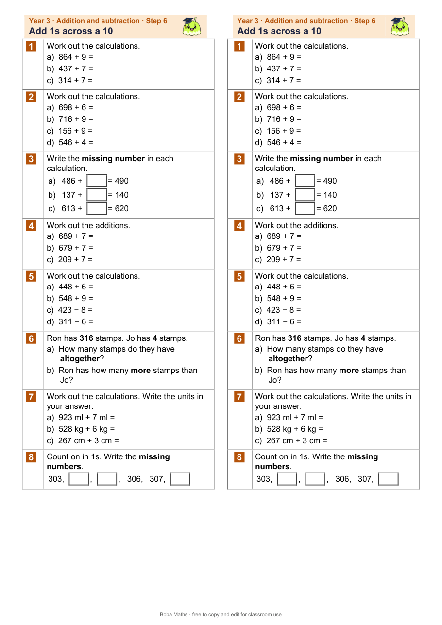 First page of the not scaffolded Add 1s across a 10 sheet, printed twice side by side