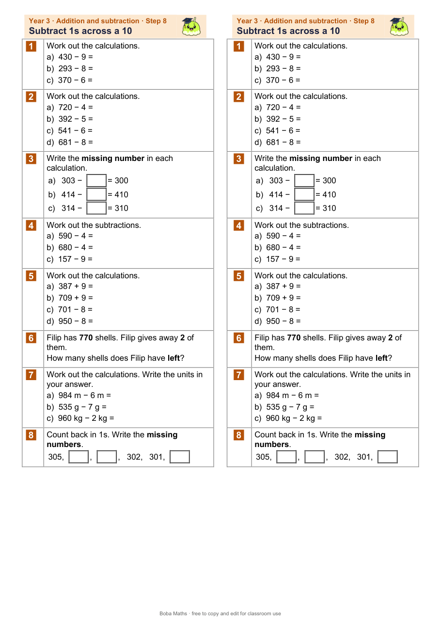 First page of the not scaffolded Subtract 1s across a 10 sheet, printed twice side by side