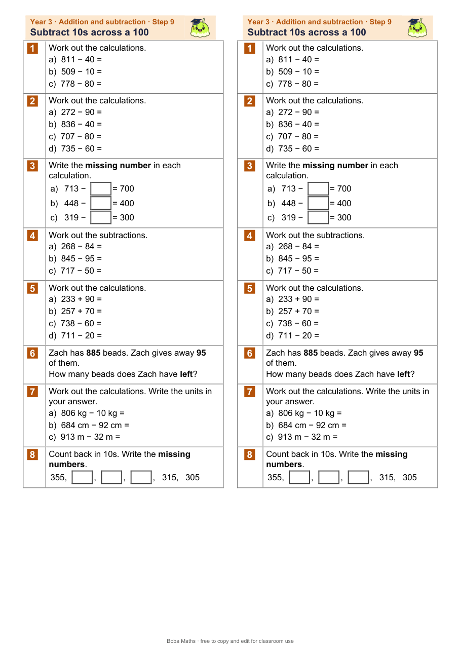 First page of the not scaffolded Subtract 10s across a 100 sheet, printed twice side by side