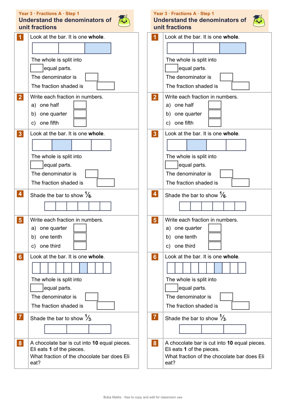First page of the not scaffolded Understand the denominators of unit fractions sheet, printed twice side by side
