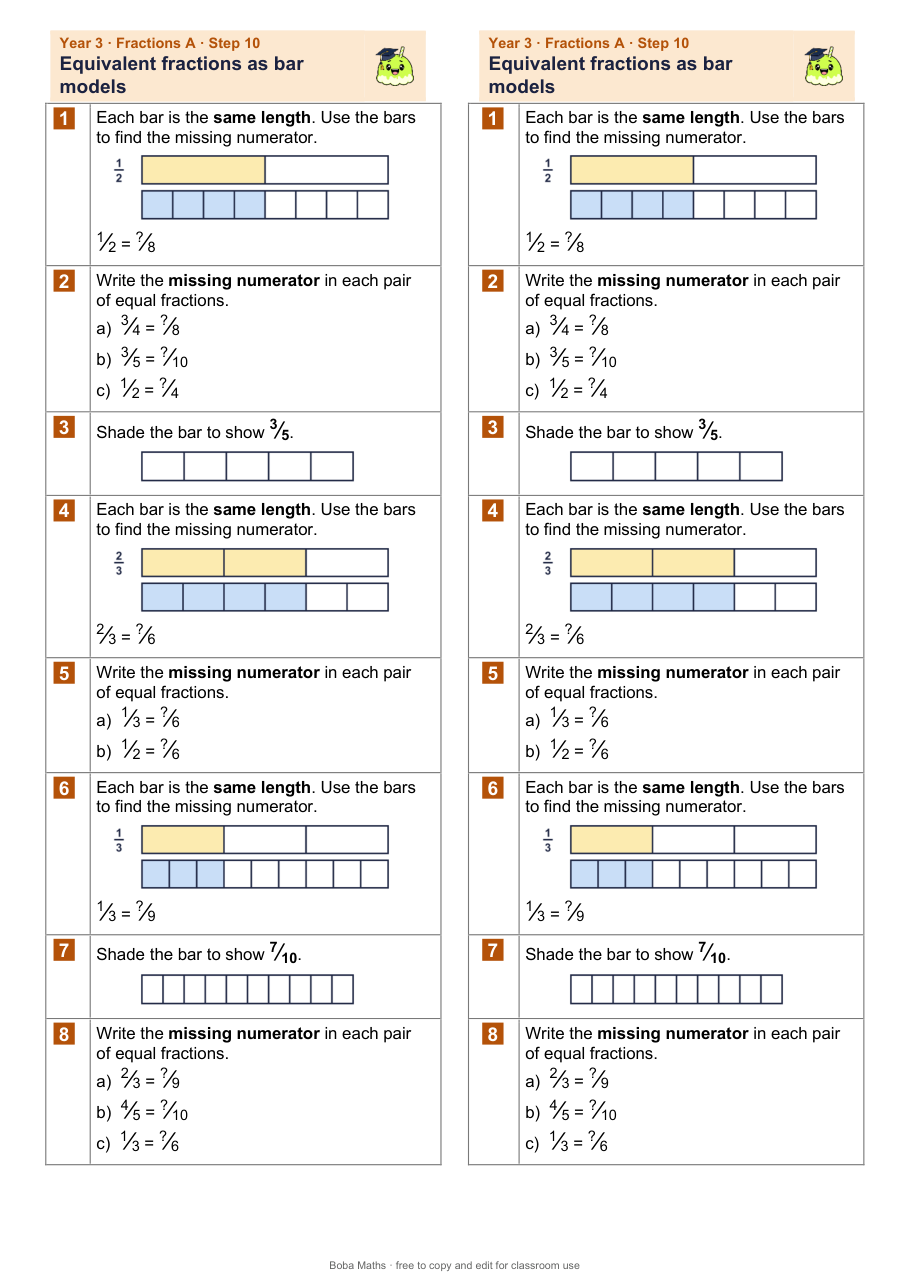 First page of the not scaffolded Equivalent fractions as bar models sheet, printed twice side by side