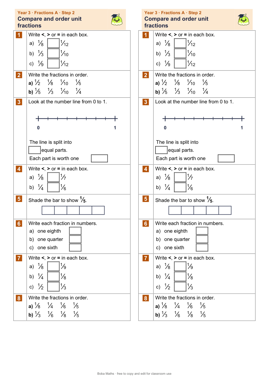 First page of the not scaffolded Compare and order unit fractions sheet, printed twice side by side