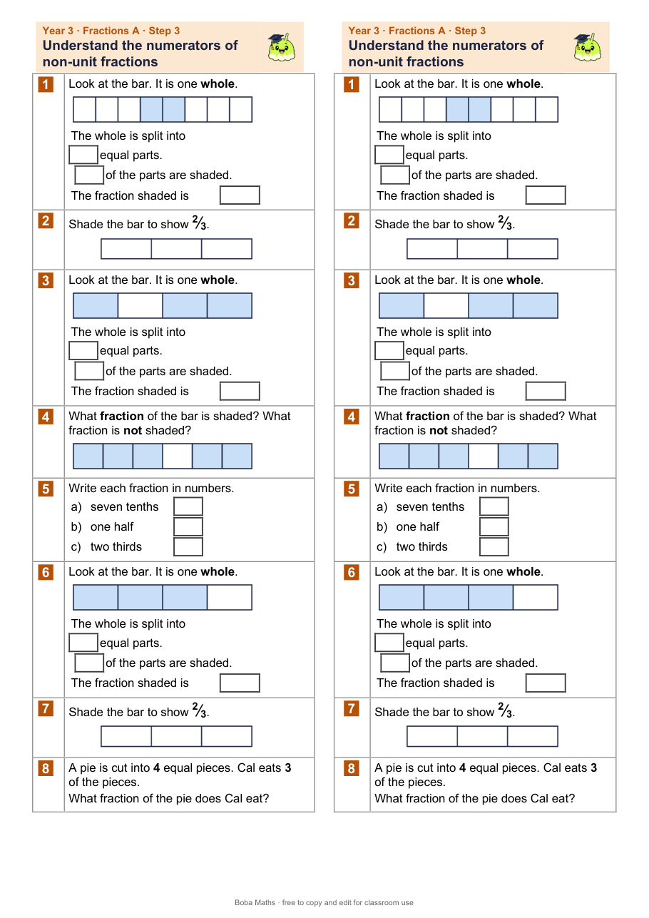 First page of the not scaffolded Understand the numerators of non-unit fractions sheet, printed twice side by side