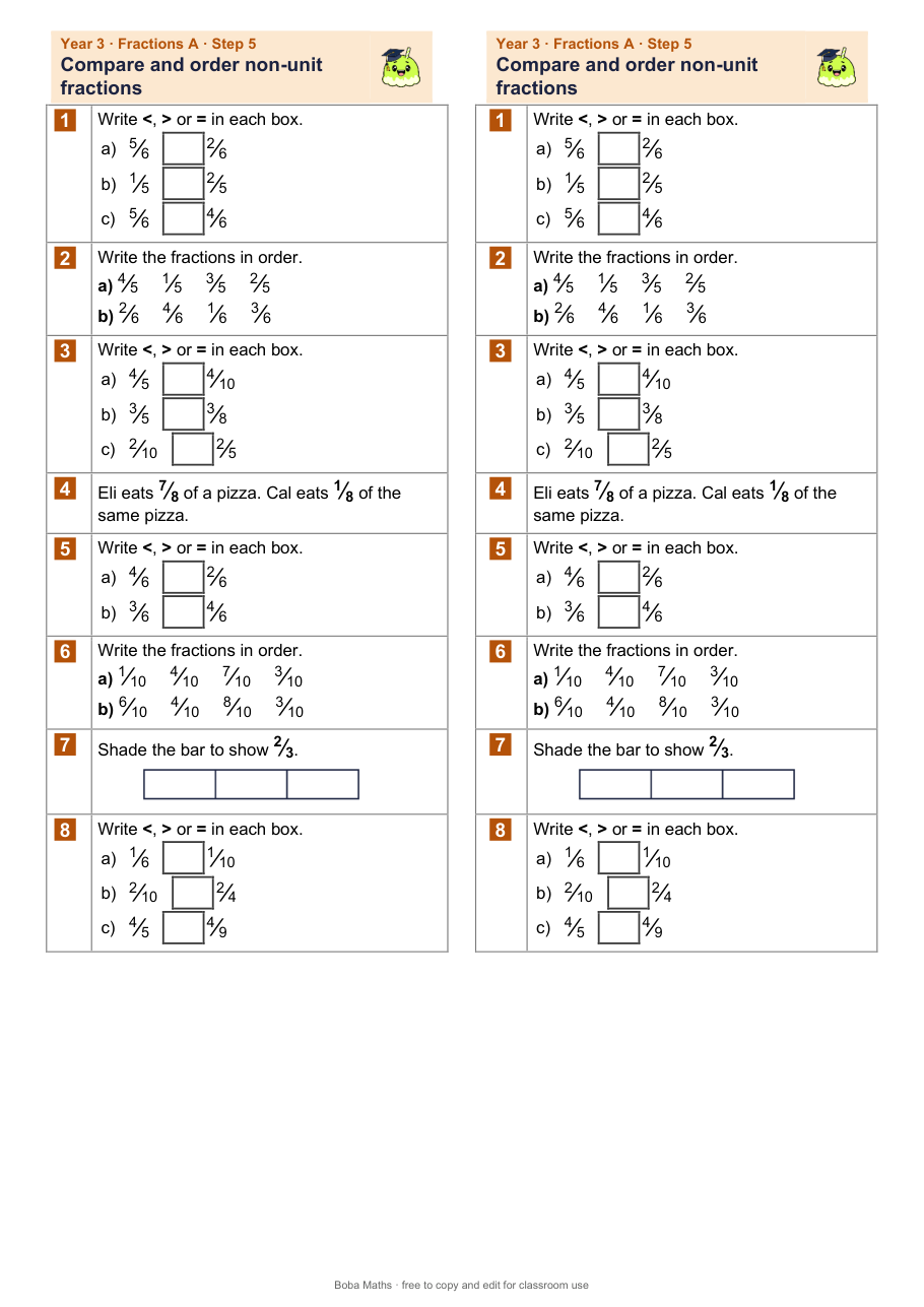 First page of the not scaffolded Compare and order non-unit fractions sheet, printed twice side by side