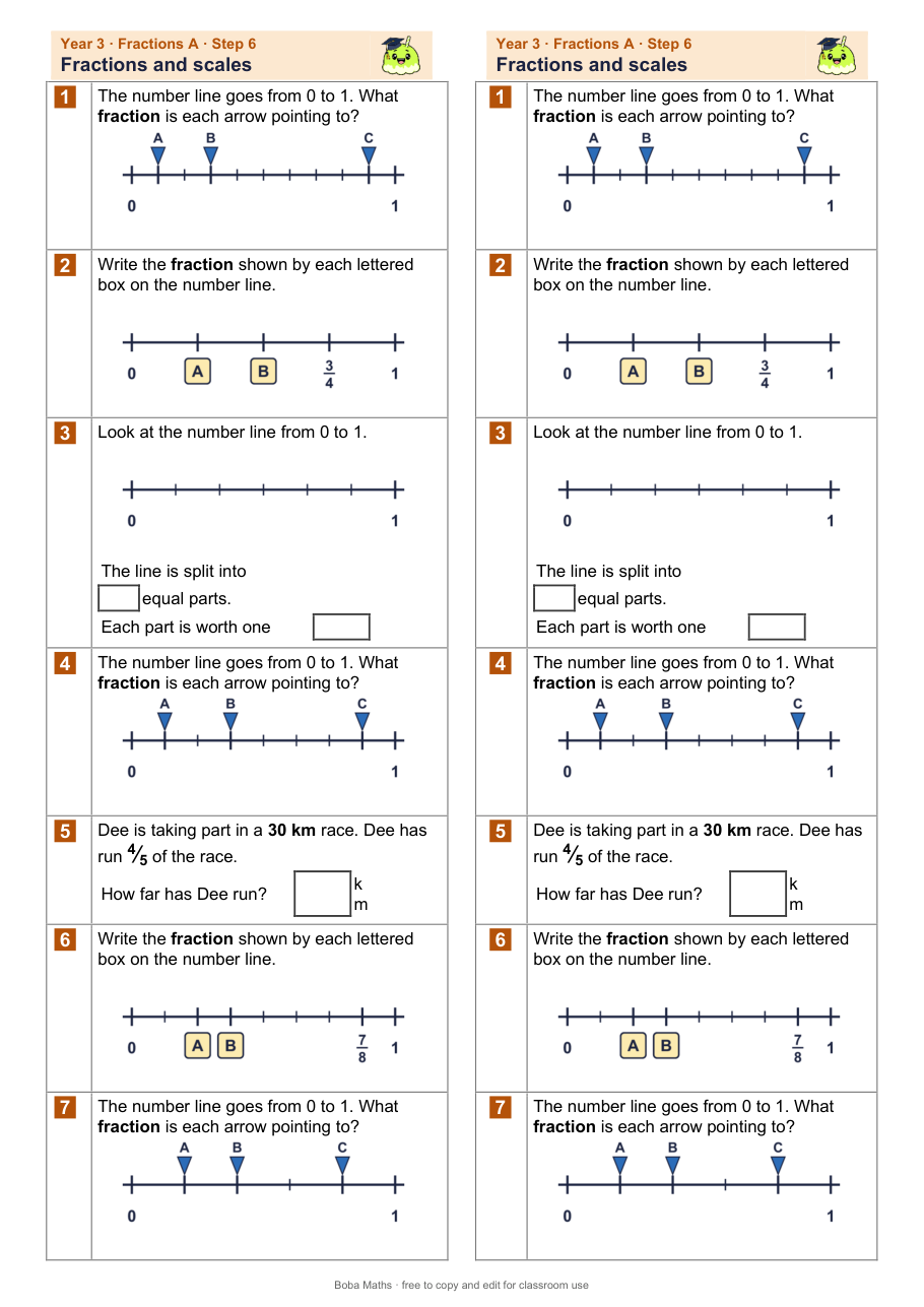 First page of the not scaffolded Fractions and scales sheet, printed twice side by side