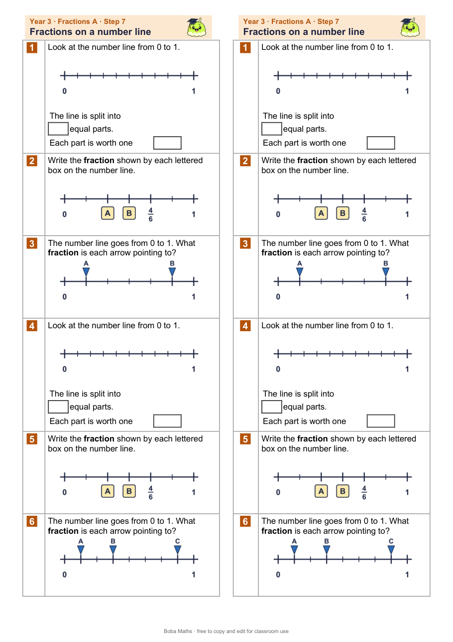 First page of the not scaffolded Fractions on a number line sheet, printed twice side by side