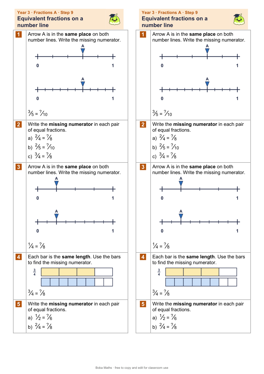 First page of the not scaffolded Equivalent fractions on a number line sheet, printed twice side by side