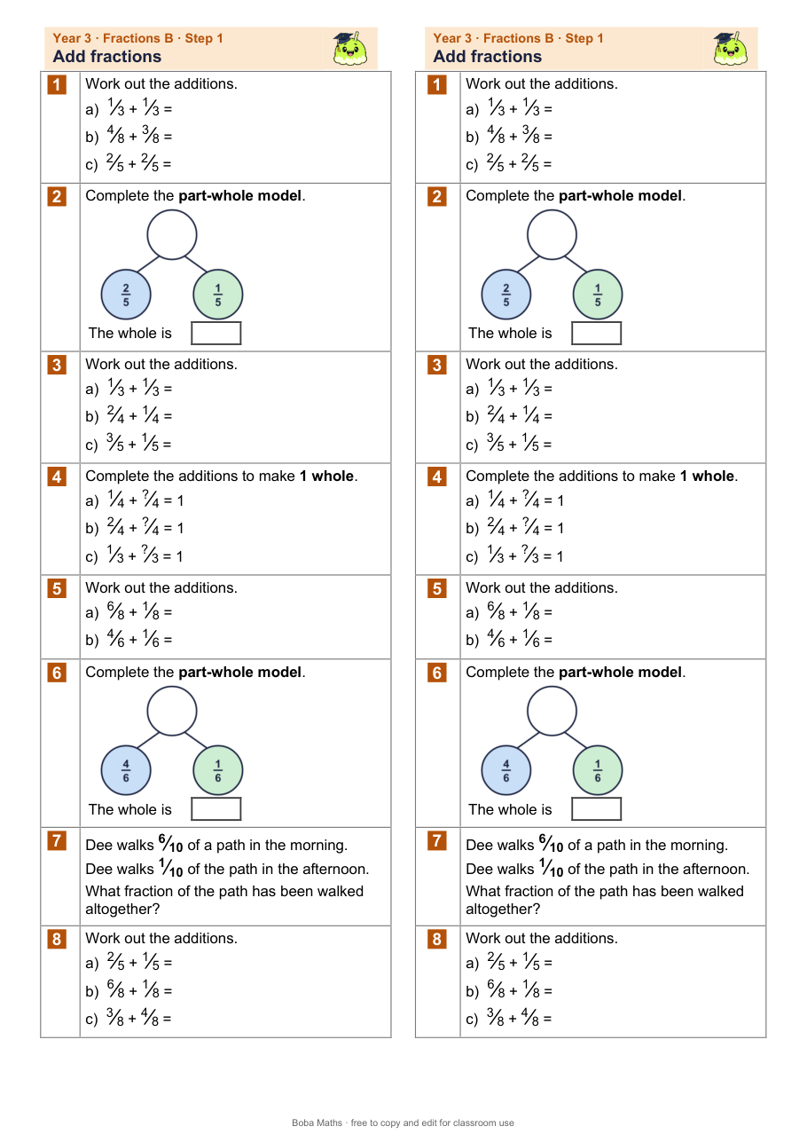 First page of the not scaffolded Add fractions sheet, printed twice side by side