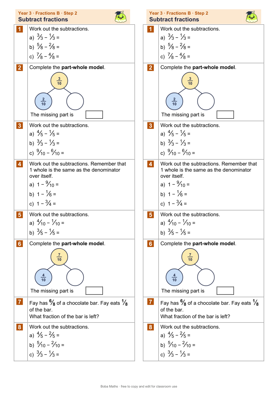 First page of the not scaffolded Subtract fractions sheet, printed twice side by side