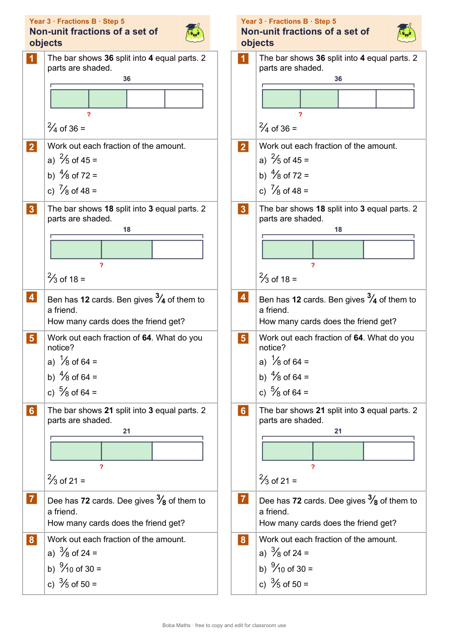 First page of the not scaffolded Non-unit fractions of a set of objects sheet, printed twice side by side