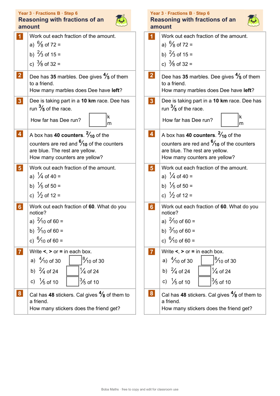 First page of the not scaffolded Reasoning with fractions of an amount sheet, printed twice side by side