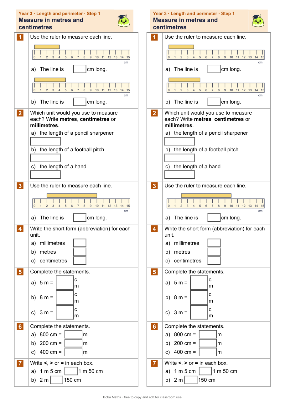 First page of the not scaffolded Measure in metres and centimetres sheet, printed twice side by side