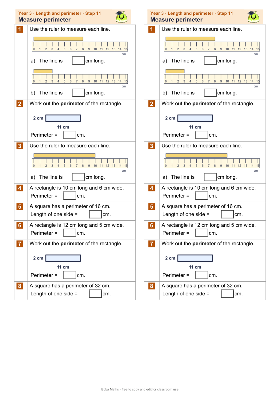 First page of the not scaffolded Measure perimeter sheet, printed twice side by side