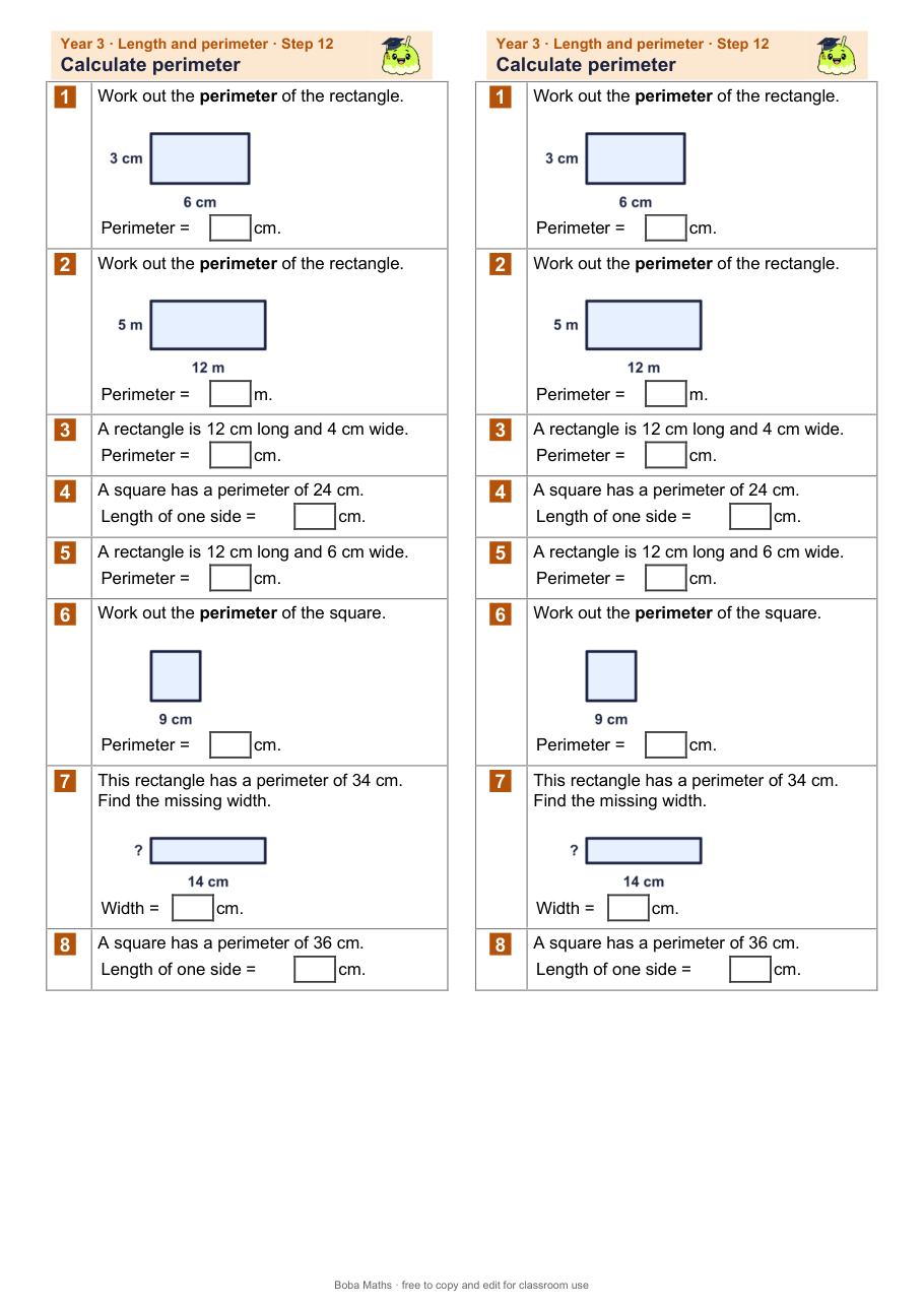 First page of the not scaffolded Calculate perimeter sheet, printed twice side by side