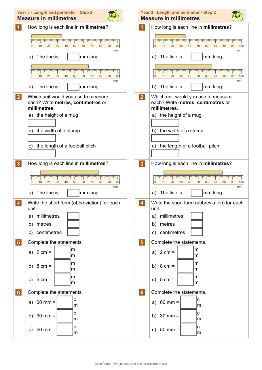 First page of the not scaffolded Measure in millimetres sheet, printed twice side by side