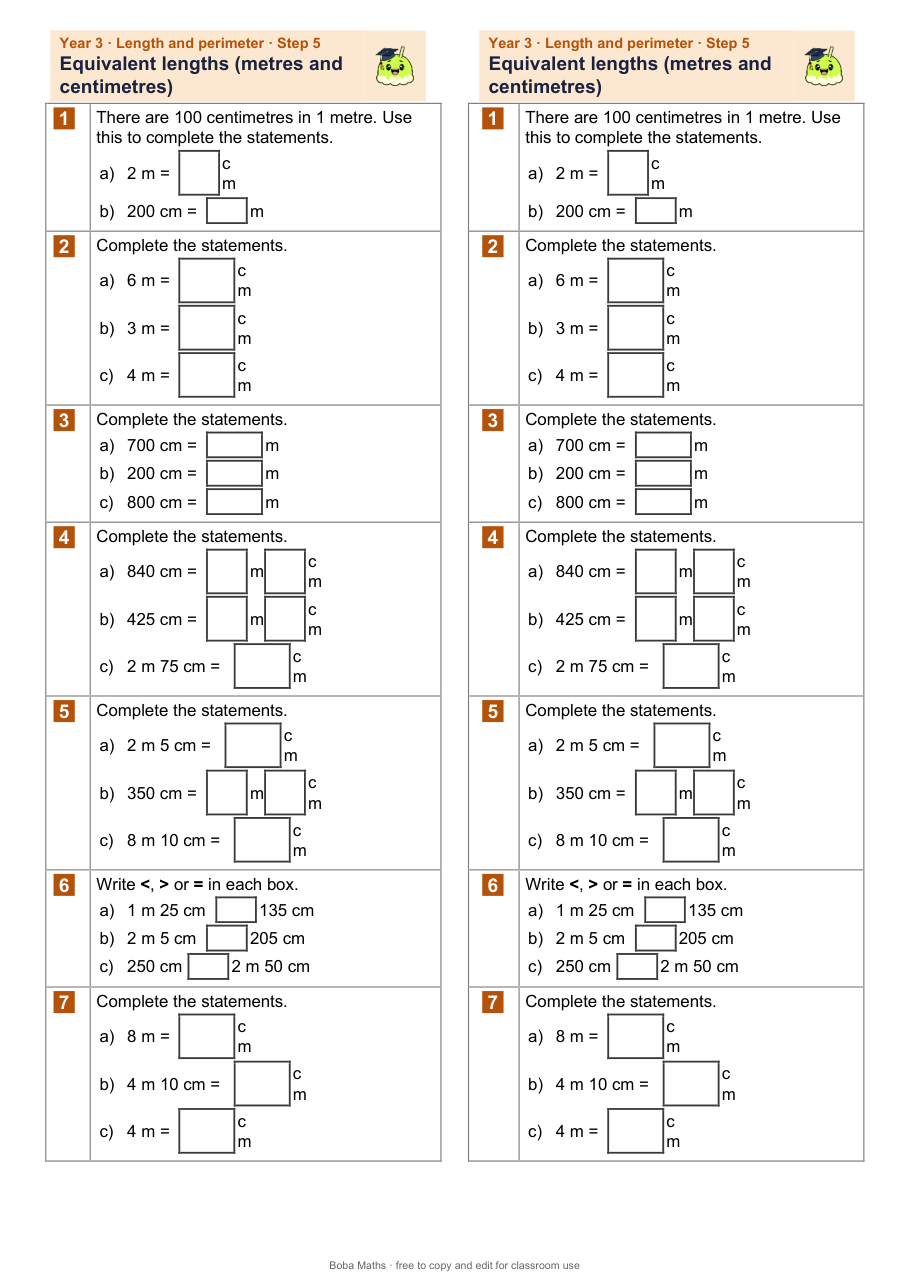 First page of the not scaffolded Equivalent lengths (metres and centimetres) sheet, printed twice side by side