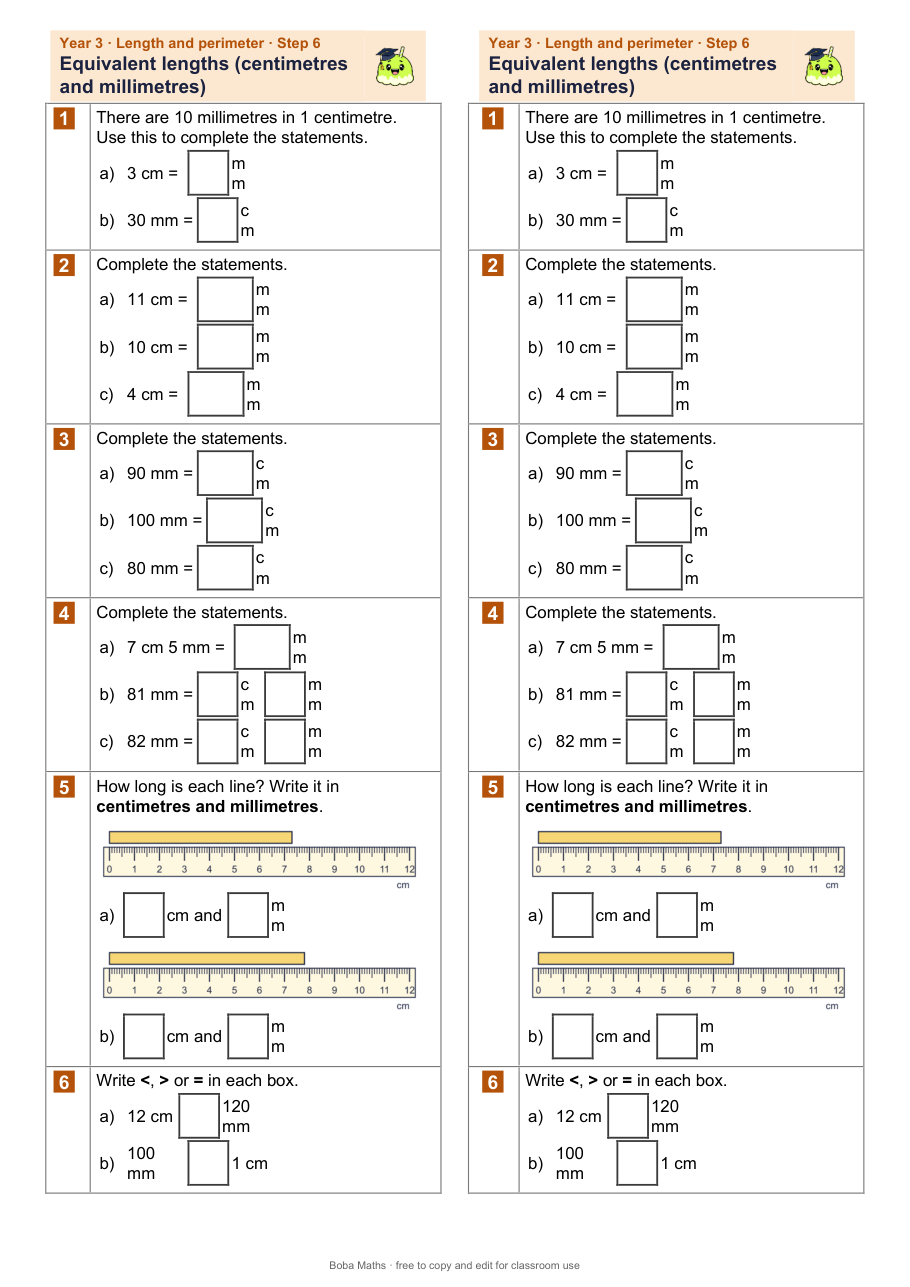 First page of the not scaffolded Equivalent lengths (centimetres and millimetres) sheet, printed twice side by side