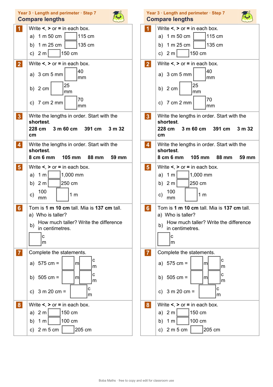 First page of the not scaffolded Compare lengths sheet, printed twice side by side