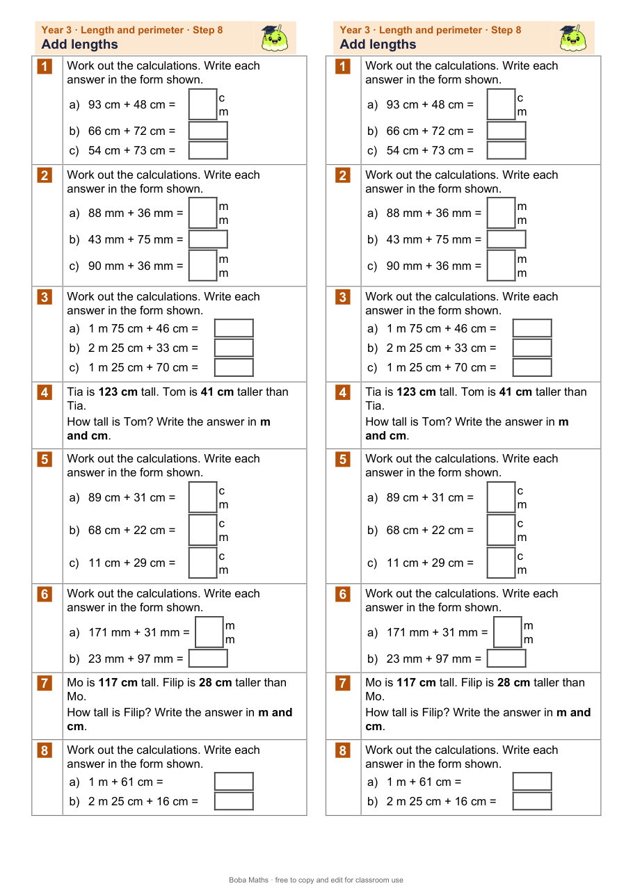First page of the not scaffolded Add lengths sheet, printed twice side by side