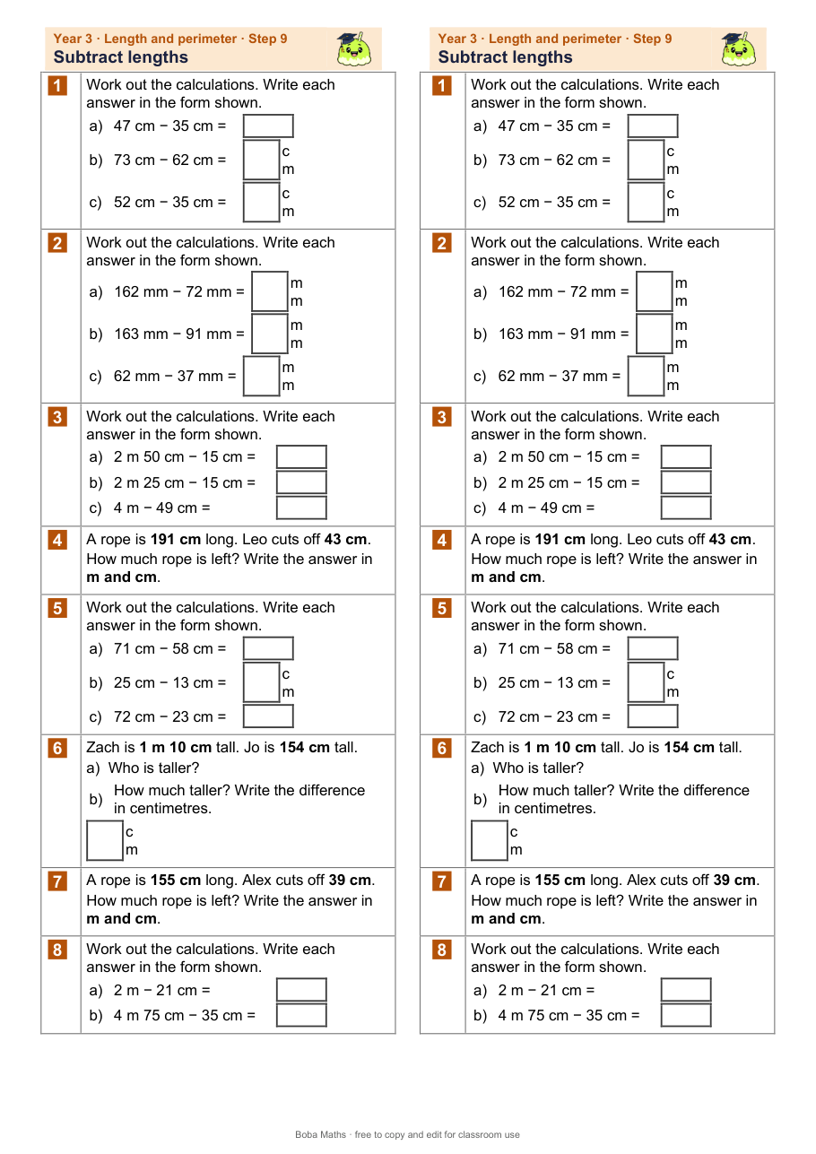 First page of the not scaffolded Subtract lengths sheet, printed twice side by side