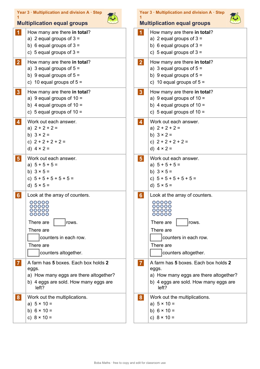 First page of the not scaffolded Multiplication equal groups sheet, printed twice side by side