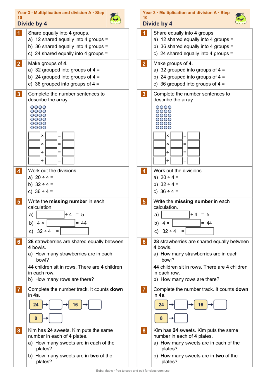 First page of the not scaffolded Divide by 4 sheet, printed twice side by side