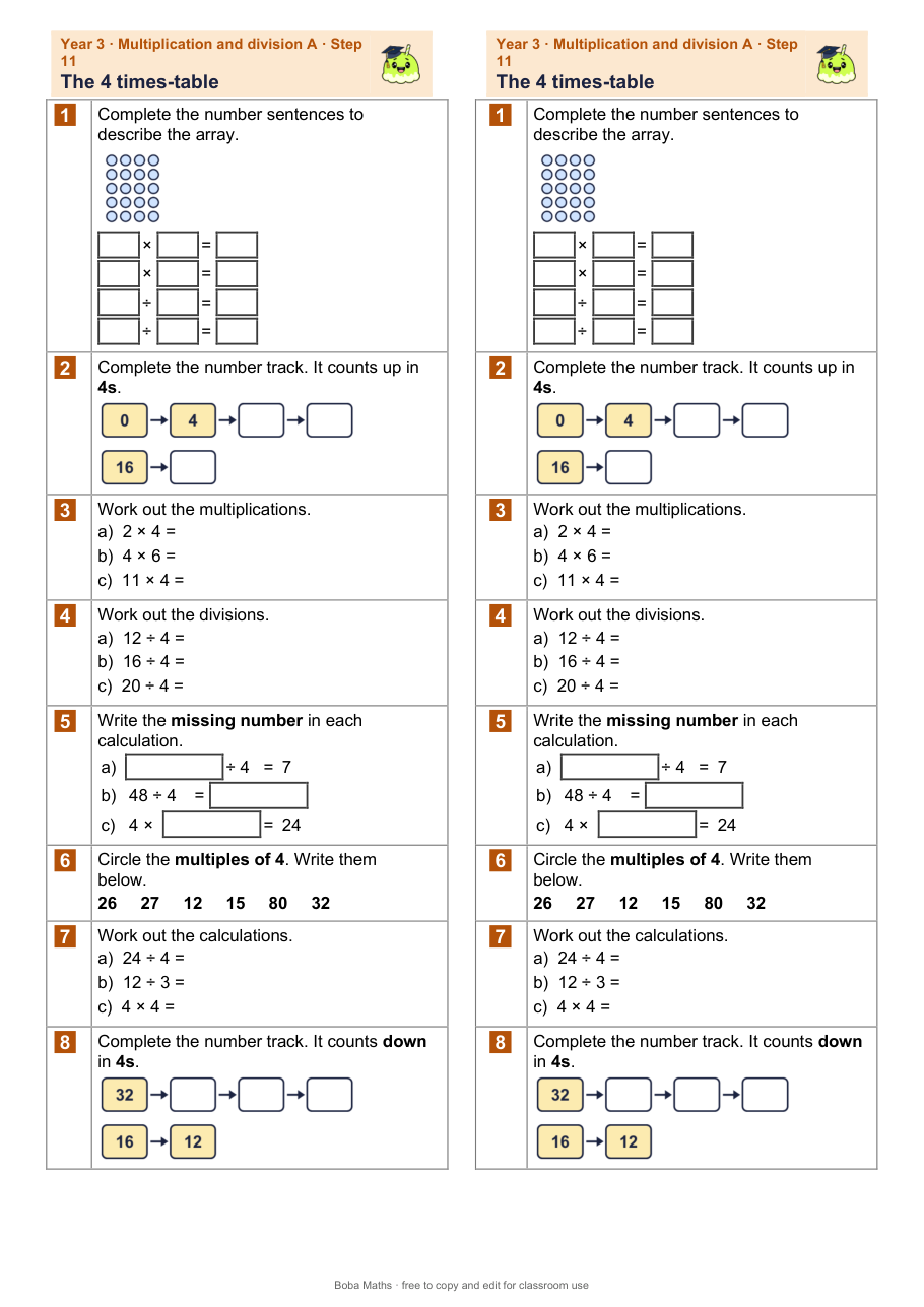First page of the not scaffolded The 4 times-table sheet, printed twice side by side