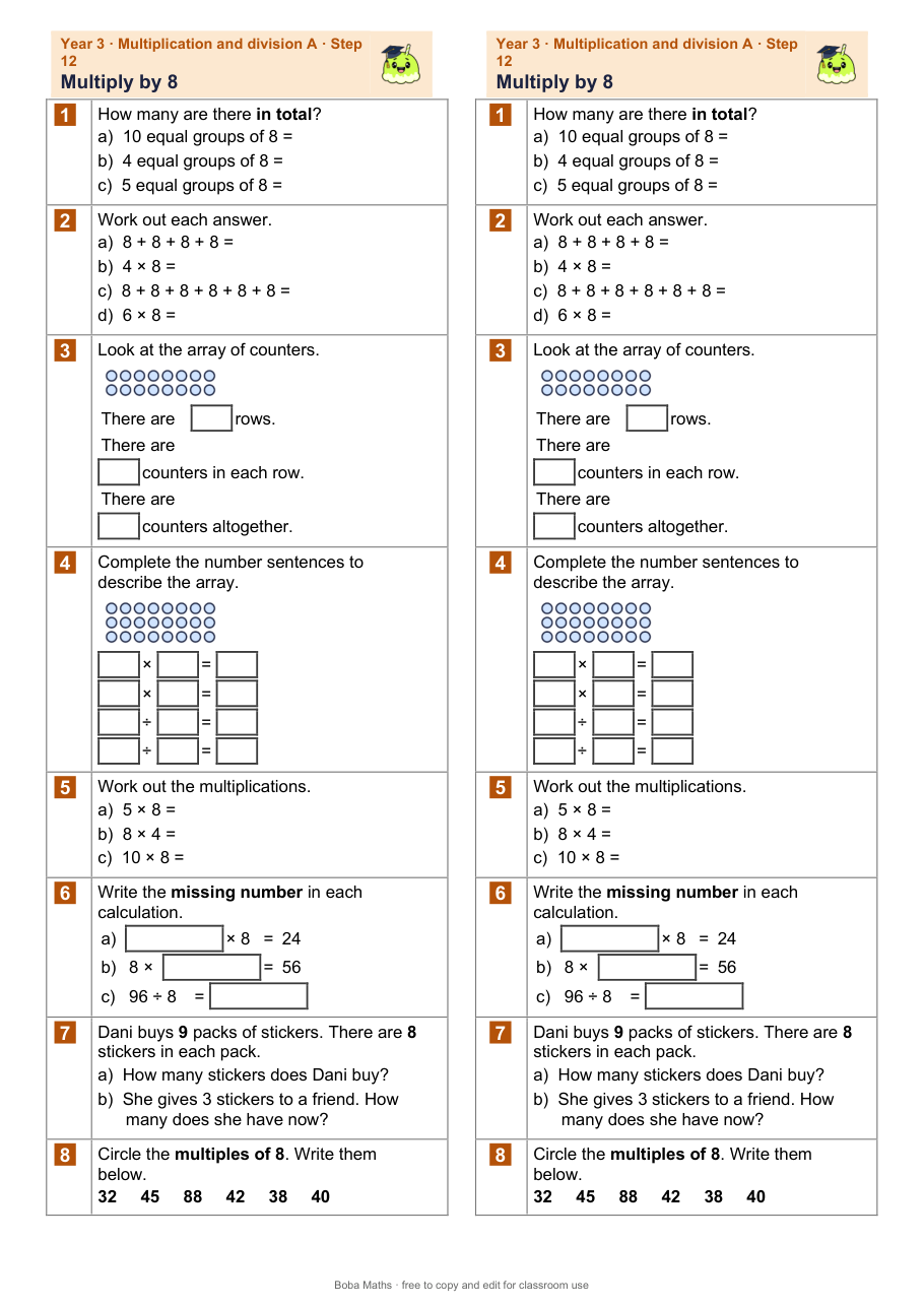 First page of the not scaffolded Multiply by 8 sheet, printed twice side by side