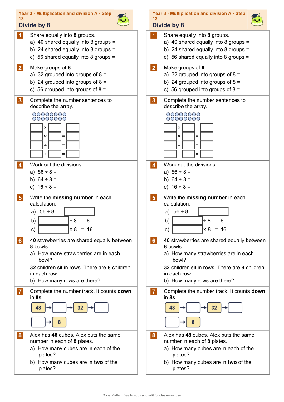 First page of the not scaffolded Divide by 8 sheet, printed twice side by side