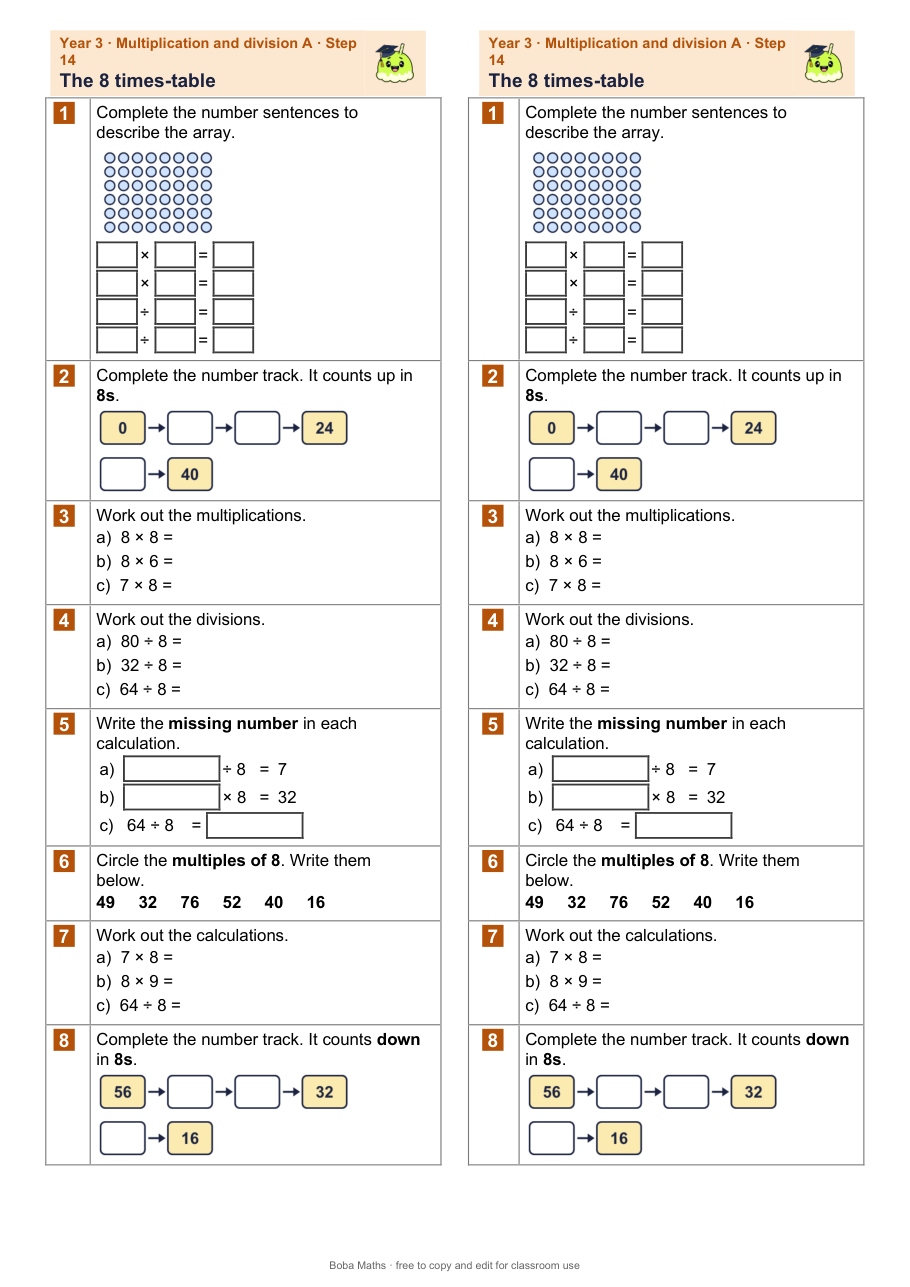 First page of the not scaffolded The 8 times-table sheet, printed twice side by side