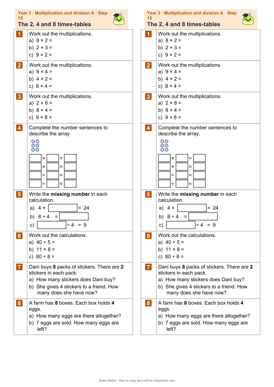 First page of the not scaffolded The 2, 4 and 8 times-tables sheet, printed twice side by side