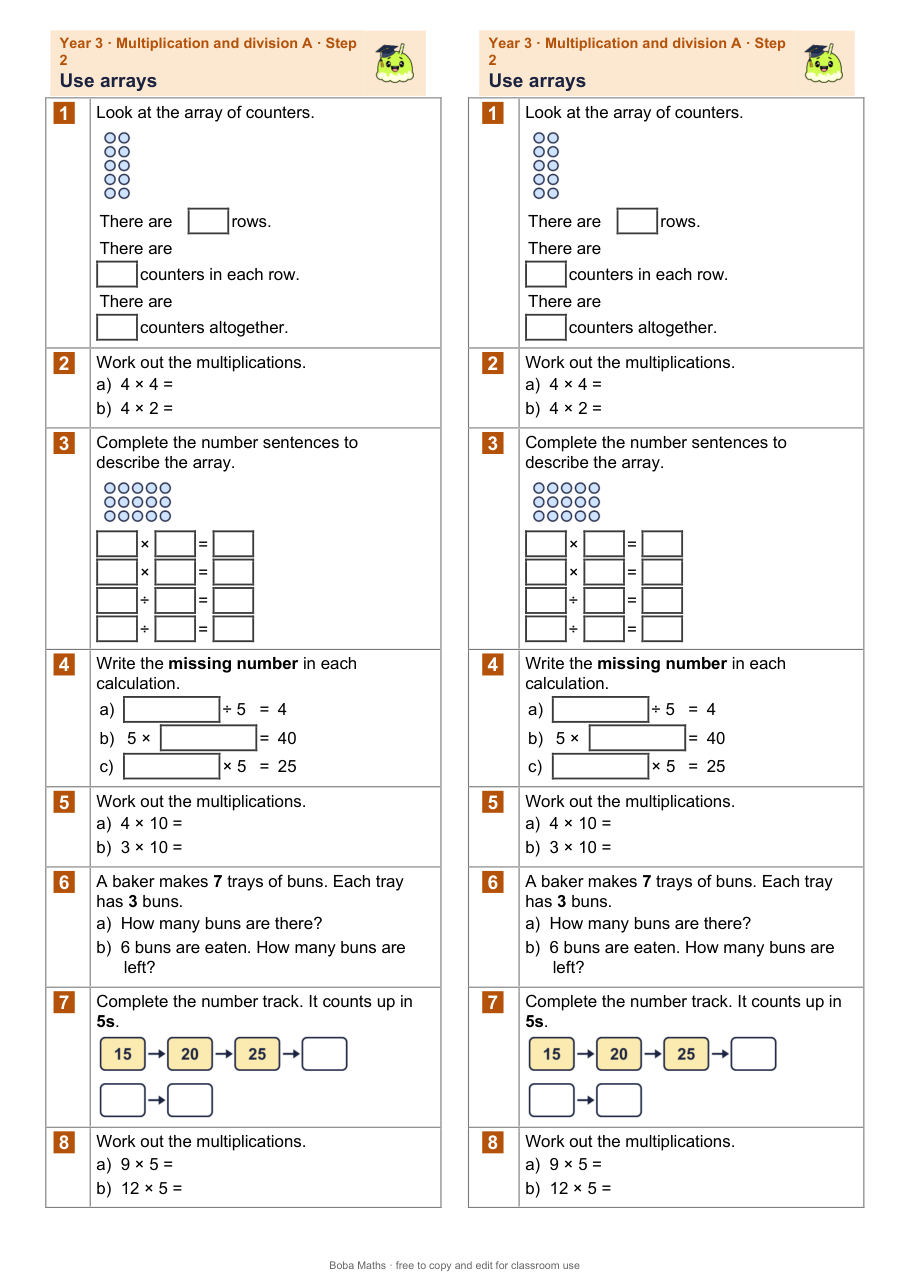 First page of the not scaffolded Use arrays sheet, printed twice side by side