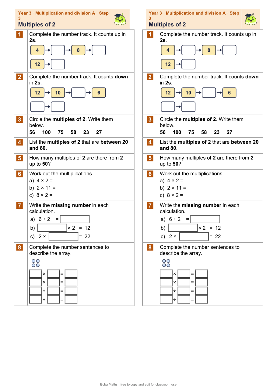First page of the not scaffolded Multiples of 2 sheet, printed twice side by side